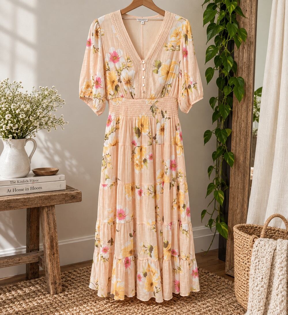 J Gee Women’s 1X Peach Floral Tiered Maxi Dress Smocked Waist Boho